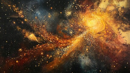 Wall Mural - Brilliant Golden Explosion of Light and Energy Particles in Cosmic Space Art