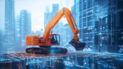 Wall Mural - an ai powered autonomous construction vehicle building a bridge in a smart city, futuristic machiner
