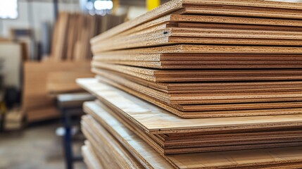 Aufkleber - Stack of plywood boards forming a geometric pattern in a workshop