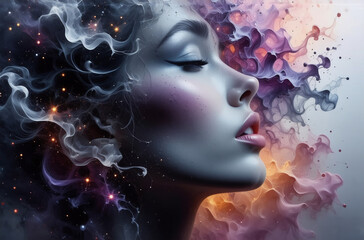 Wall Mural - elegant profile of a woman enveloped by swirling, colorful smoke. dreamlike and ethereal artwork wit