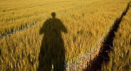 Wall Mural - shadow of person on golden wheat field at sunset