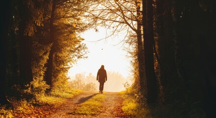 Wall Mural - person walking alone on forest path during sunset