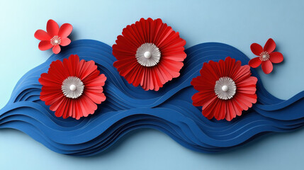 Wall Mural - colorful paper flowers in red and white create vibrant design against blue wave background, evoking 