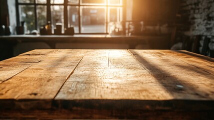 Poster - Empty wooden tabletop  illuminated by setting sun through window in workshop