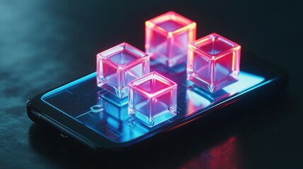 Futuristic neon cubes on smartphone screen reflecting digital innovation and technology trends.