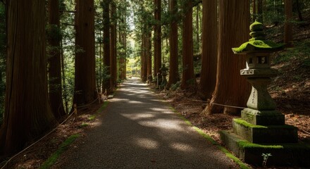 Wall Mural - serene forest path with stone lanterns and tall trees