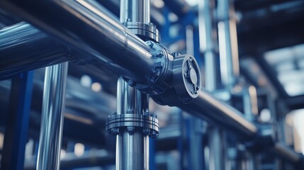 Poster - Industrial pipes system crossing with flanges and valves in a factory
