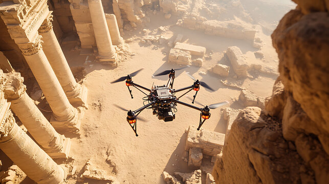 An AI powered drone surveying archaeological sites for preservation, ancient ruins with real-time data on site condition and preservation efforts, Archaeological technology style