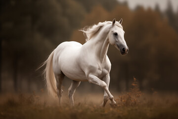 Naklejka na meble majestic white horse in motion, set against a serene and natural backdrop. The composition combines elements of power, grace, and freedom, creating a visually striking and dynamic scene.