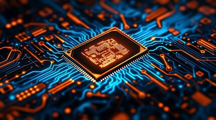 Wall Mural - Glowing CPU Chip on Circuit Board  Tech Innovation.