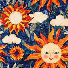 Wall Mural - Cheerful sun and cloud pattern with vibrant colors and hand drawn watercolor style, Summer seamless pattern background for textile and fashion design