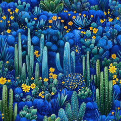 Wall Mural - Vibrant watercolor illustration of cacti and desert plants with yellow flowers, Summer seamless pattern background for textile and fashion design