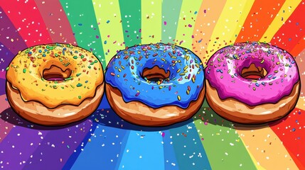 Aufkleber - Delightful donuts with rainbow frosting and colorful sprinkles in a playful pop-art setting