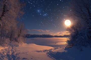 a snowy landscape at night with a clear sky, stars, and a bright moon offering a mystical glow.