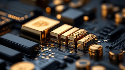 Wall Mural - Golden Tech Components Closeup Circuit Board Detail.