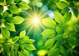 Wall Mural - Bright sunlight illuminates lush green foliage, showcasing leaf texture and forest light in a beautiful summer background.