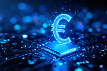 euro currency symbol glowing on a microchip over a circuit board, futuristic digital style, blue bok