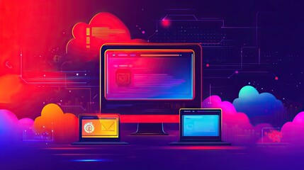 Colorful digital devices, cloud computing, futuristic interface