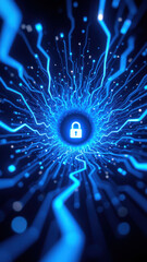 Wall Mural - A futuristic digital cybernetic network with a lock symbol at its center.