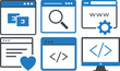 © ATIKUL - A collection of blue and gray icons for web design and development, including search, coding, settings, and social media features.