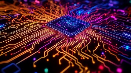 Wall Mural - Neon CPU Digital Heart of Innovation.