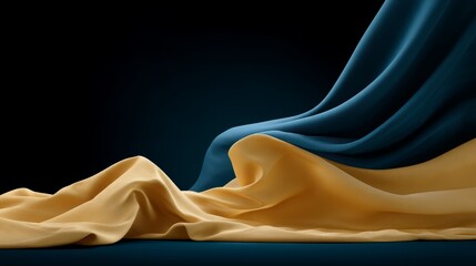 Leinwandbilder - Flowing waves of deep cobalt and metallic gold ribbons create a sense of luxury and motion, enhanced by glimmers of light on a dark background