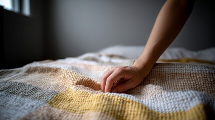 Aufkleber - A hand gently strokes the surface of a hand-knitted blanket, emphasizing its intricate patterns and rich warm colors illuminated by soft natural light
