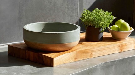 Poster - Bright morning light fills the kitchen counter, highlighting a ceramic bowl of green fruit, a wooden cutting board, and a small herb pot, creating a serene atmosphere