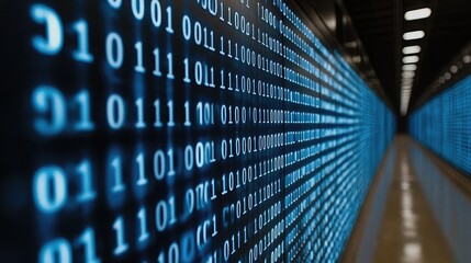 Blue glowing digital binary code flowing over an abstract black background surface forming intricate patterns and textures symbolizing data flow within a computer system