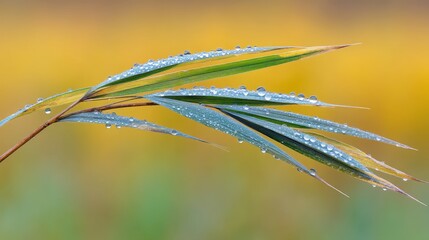 Poster - Morning dew clings to the edges of green leaves, reflecting golden light at dawn, showcasing the beauty of a peaceful natural setting