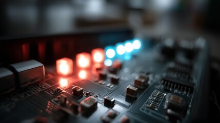 Poster - Detailed close-up shows a circuit board glowing with red and blue LED lights. The focus emphasizes the microchips and pathways of modern technology