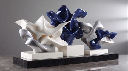 Poster - Three intricately designed abstract sculptures in deep blue and silver rest on a polished black surface, showcasing a captivating modern artistic style