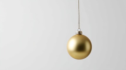 Poster - A golden Christmas ornament dangles delicately on a thin string, reflecting soft light against a clean white backdrop, embodying a festive holiday spirit