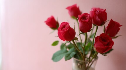 Poster - Close-up arrangement of vibrant red roses in a glass vase, beautifully illuminated by natural light, set against a soft pastel pink background in a studio