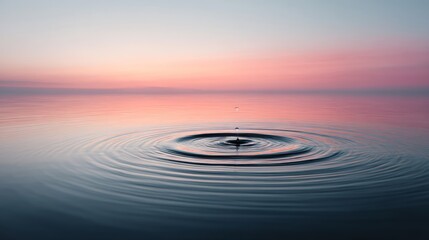 Aufkleber - A calm pond ripples gently as a droplet creates concentric circles, capturing the soft pastel hues of the dawn sky above, bringing serenity to the scene