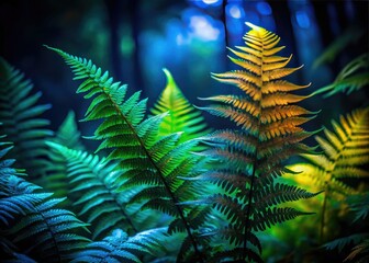 Wall Mural - Long exposure reveals a dark, enchanting forest scene where glowing ferns and vibrant green foliage create a mystical atmosphere.
