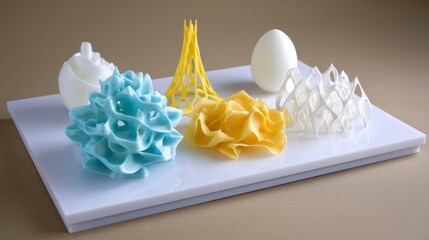 Aufkleber - Vibrant and intricate 3D-printed sculptures in various geometric forms showcase a blend of materials while soft lighting enhances their unique textures and shapes