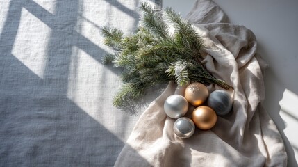 Aufkleber - A bundle of pine branches dusted with frost rests on soft linen fabric, revealing delicate ornaments beneath. Soft shadows enhance the holiday atmosphere