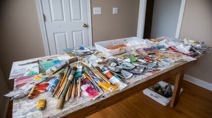 Aufkleber - An artist's studio showcases a cluttered wooden table covered with paintbrushes, tubes of paint, and sketches illuminated by gentle natural light