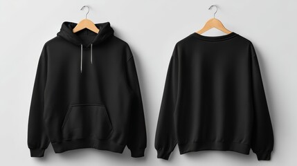 Leinwandbilder - Black hoodie hangs on a wooden hanger showcasing front and back views against a minimal white backdrop, perfect for design and branding displays