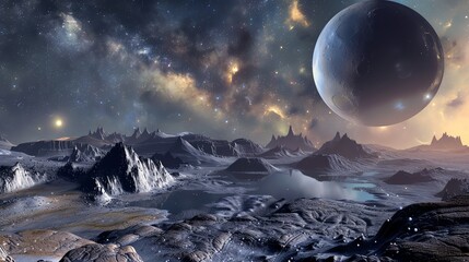 Wall Mural - the image is a beautiful landscape of another planet. there is a large moon in the sky and a mountai