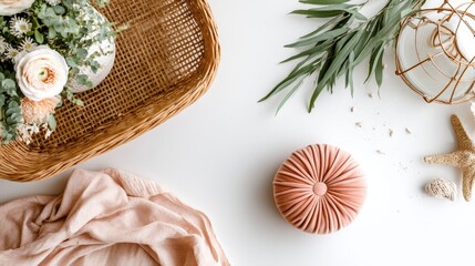 Poster - A round, tufted blush cushion rests on a simple wooden chair, offering a modern touch against a clean white backdrop that emphasizes its softness