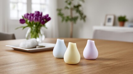 Poster - Three 3D-printed pastel vases sit on a wooden table, illuminated by soft natural light, showcasing their smooth textures in an inviting home setting