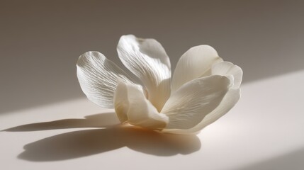 Poster - A single white orchid petal gently lies on a clean ivory surface, enhanced by soft natural shadows and ample space for message placement on the right