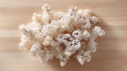 Leinwandbilder - White lilac blossoms are arranged in a loose cluster on a pale wooden surface, with soft shadows and gentle textures highlighted by diffused daylight