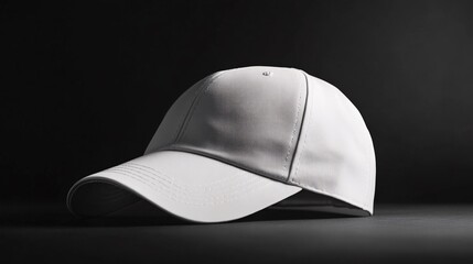 Poster - White baseball cap lying on dark grey surface with black background
