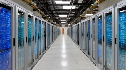 Aufkleber - Futuristic data center showcases glowing servers and cables, highlighting the strength of digital infrastructure and scalability in cloud computing