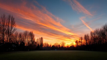 Poster - Wide-angle view showcases a stunning sunset with vibrant orange and red clouds, the sun low on the horizon casting golden light over open fields and trees