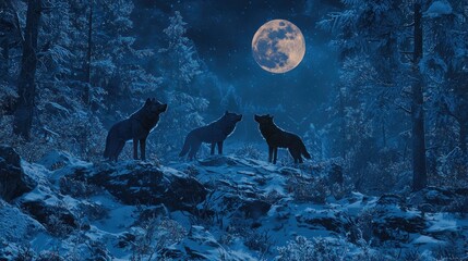 Naklejka na meble Three wolves howling at a full moon in a snowy forest at night.