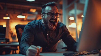 Aufkleber - Furious programmer shouting at computer screen working late night in office